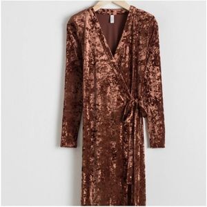 & Other Stories Crushed Velvet Wrap Dress Brown